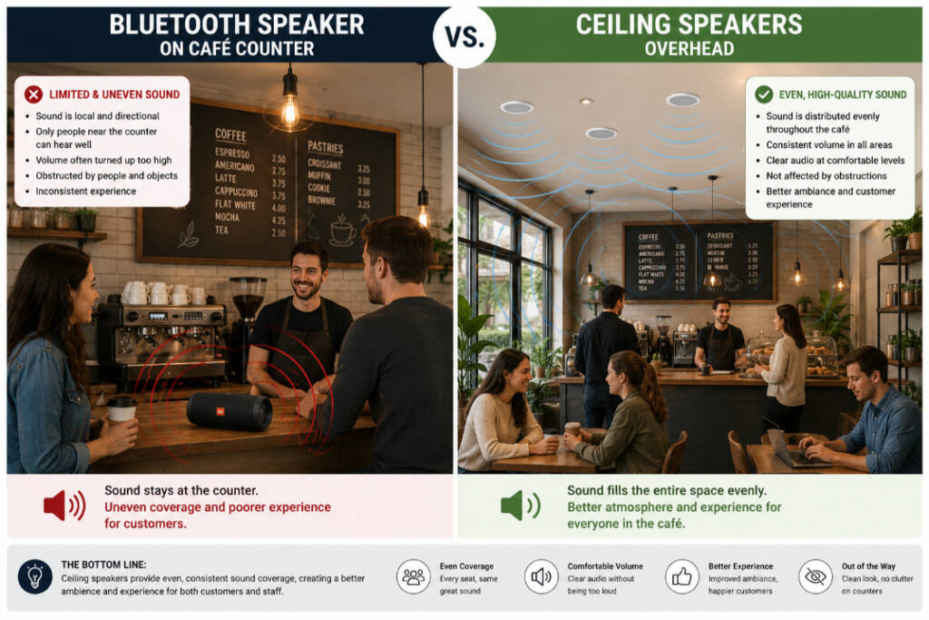 Bluetooth speaker on a café counter compared with ceiling speakers overhead
