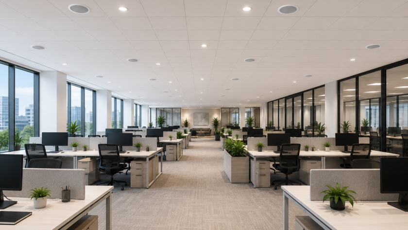 Even background audio reducing distraction between desks in an open office