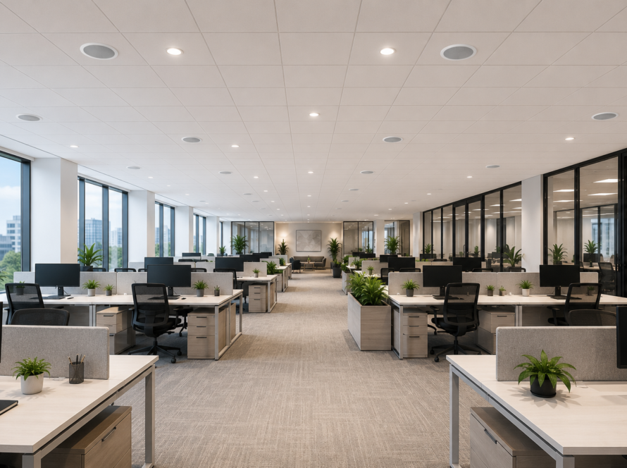 Even background audio reducing distraction between desks in an open office