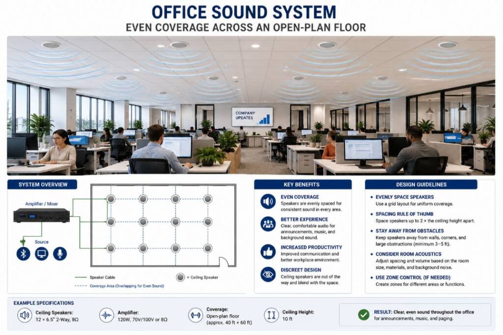 Office sound system with ceiling speakers spread evenly across an open-plan floor