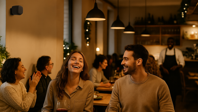 Multi-zone amplifier letting a restaurant set separate music levels for bar and dining areas