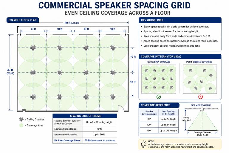 Commercial speaker spacing grid showing even ceiling coverage across a floor