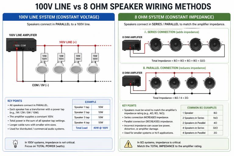 100V line vs 8 ohm speaker wiring methods compared in a diagram